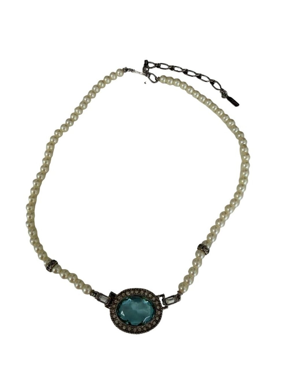 1928 Jewelry Aqua Blue Crystal Faux Pearl Choker Necklace Art Deco Style